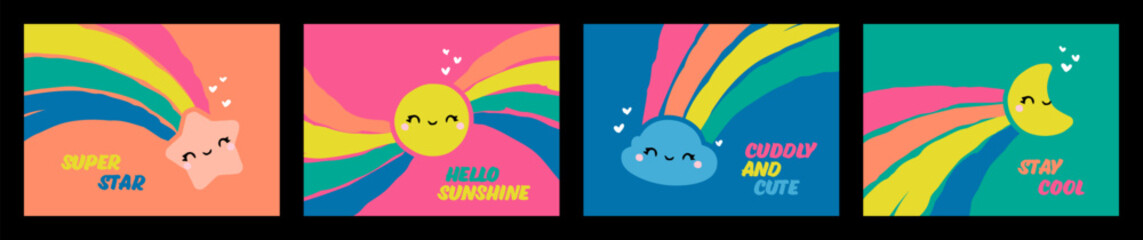 Rainbow with smiling star sun moon and cloud. Kids designs set of cute characters. Colorful vector illustrations collection for funny childrens greeting card or poster