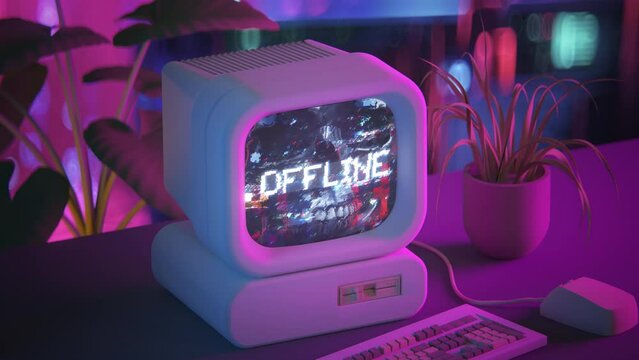Offline error on screen of retro computer. Seamless loop 3D render animation