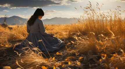  a woman in a long dress sitting in a field of tall grass with mountains in the back ground and a sky with clouds in the back ground and a few clouds.