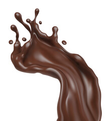 Chocolate fluid splash crown flow with bubbles and drops isolated on white background. Melted hot chocolate drink for sweet choco food packaging design. Realistic. Vector illustration.