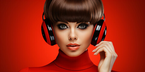 young woman with headphones in a red vintage style