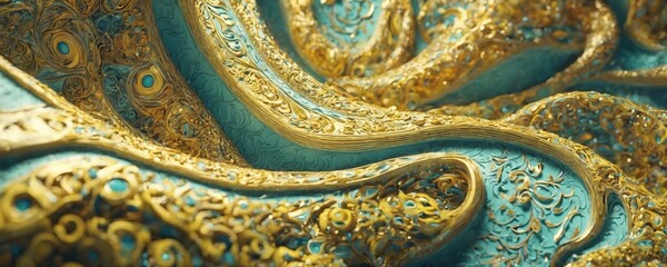 a close up of a gold and blue fabric