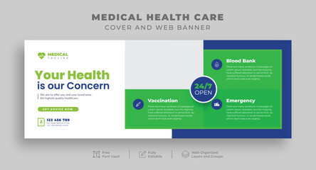 Fototapeta na wymiar Medical Health Care Facebook cover for Hospital Clinic Dental Doctor and Pharmacy, Editable horizontal Social media posts ads for Medical Care, advertisement promotional website cover banner template