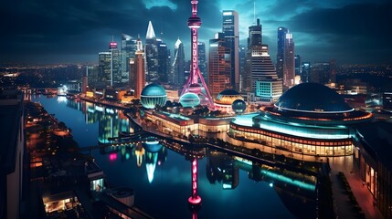 Shanghai skyline at night. Panoramic view of Shanghai, China.