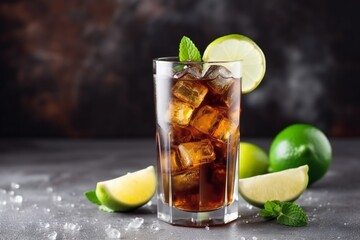 Cuba Libre alcoholic cocktail. Cuba Libre in a glass with brown rum, cola, mint and lemon - obrazy, fototapety, plakaty