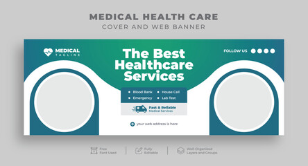 Medical Health Care Facebook cover for Hospital Clinic Dental Doctor and Pharmacy, Editable horizontal Social media posts ads for Medical Care, advertisement promotional  website cover banner template - obrazy, fototapety, plakaty