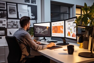 This professionally captured photo encapsulates the essence of UX/UI design in a visually appealing manner. It showcases a close-up shot of a designer's hands skillfully using design software 