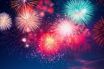Fototapeta na wymiar Colorful fireworks on the night sky background. Celebration and holiday concept.