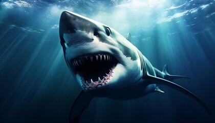 shark in the water with its mouth open with teeth. Angry shark swimming on blue ocean waters.