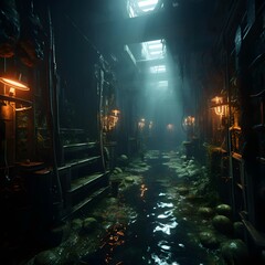 Fantasy interior of an old abandoned factory. Dark corridor with glowing lights. 3d rendering