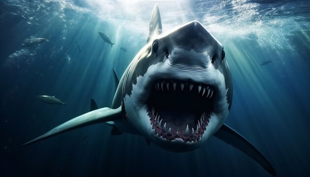 shark in the water with its mouth open with teeth. Angry shark swimming on blue ocean waters.