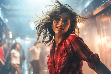 Young woman in dress is dancing in front of a group of people in disco club. - obrazy, fototapety, plakaty