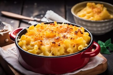 American creamy macaroni and cheese pasta. dish of tasty Italian pasta with Cheddar cheese