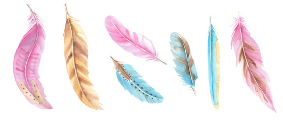 Set of blue, pink and brown feathers isolated on white background. Watercolor hand drawn illustration. For decoration, cards and textile prints.