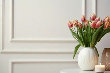 Beautiful tulips and burning candle on white table indoors, space for text. Interior design. generative ai.