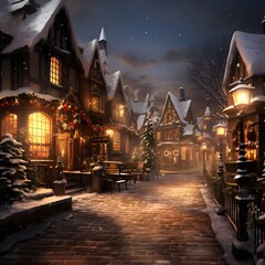 Winter night in the village. Christmas and New Year holidays concept. 3D illustration