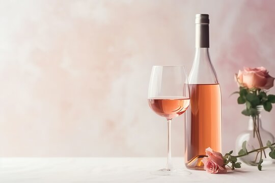 Bottle of rose champagne wine and glass with drink. Glass of wine rose wine with bottle. copy space