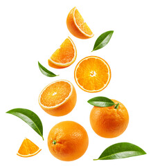 Orange isolated set. Collection of ripe oranges, orange slices and halves with leaves on a transparent background, levitation.