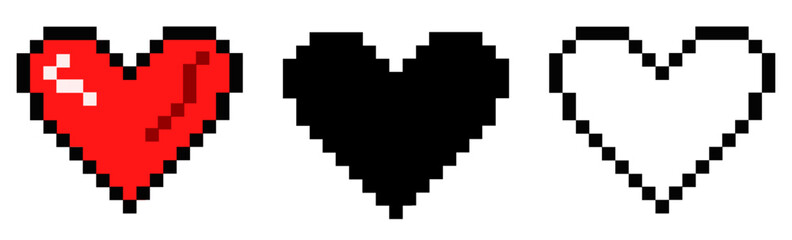 Pixel heart set. Symbol of love.8 bit vector illustration for computer game. Web button.