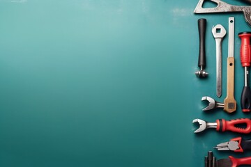 hand tools or general work tools placed on blue background. set of repair tools. copy space