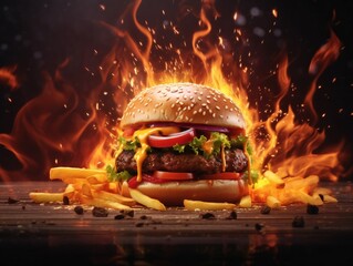 Delicious spicy fried chicken burger ads with burning fire on dark background.