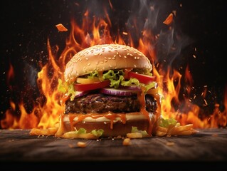 Delicious spicy fried chicken burger ads with burning fire on dark background.