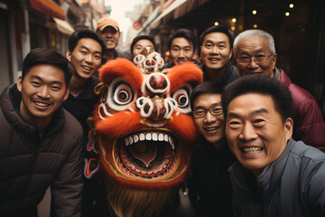 Chinese Family Celebrating the Chinese Lunar New Year 2024, Year of the Wooden Dragon with Traditional Merriment - obrazy, fototapety, plakaty