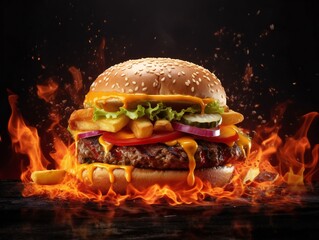 Delicious spicy fried chicken burger ads with burning fire on dark background.