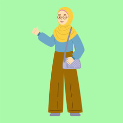 Beautiful muslim college girl holding the sling bag in happy face. Vector character in flat style.