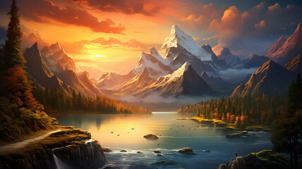 Fototapeta na wymiar Majestic mountains bathed in the warm glow of the setting sun, creating a beautiful natural landscape in the summer, captured in stunning high definition.