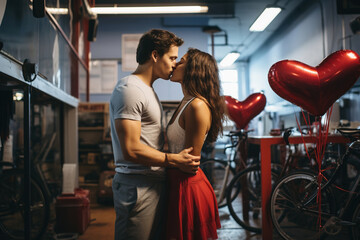 A man and woman are kissing in a gym. Red heart shaped balloons. Many bicycles.
