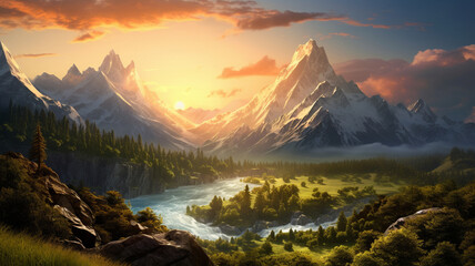 Majestic mountains surrounding a tranquil valley, bathed in the golden light of sunrise during the...