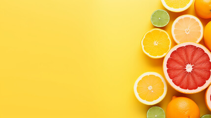 Citruses fruits on Illuminating pantone colored background with copyspace, fruit flatlay, summer minimal compositon with grapefruit, lemon, mandarin and orange isolated background