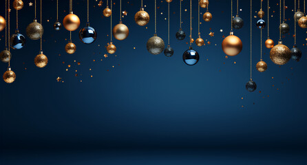 Christmas and New Year blue background with golden stars and christmas balls.