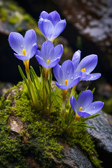 On rainy days, mossy walls and stones are covered with many big blue long stemmed Crocus sativus
