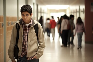 Young teen boy sad lonely face at a school
