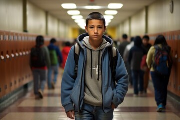 Fototapeta premium Young teen boy sad lonely face at a school