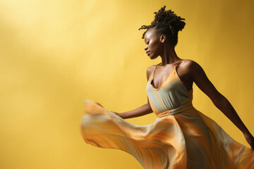 Young african-american woman in yellow dress on yellow background