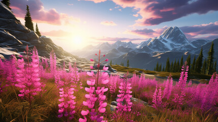 Majestic summer scenery with the vibrant colors of pink Dwarf Fireweed flowers, creating a breathtaking landscape captured in high definition by an HD camera. - obrazy, fototapety, plakaty