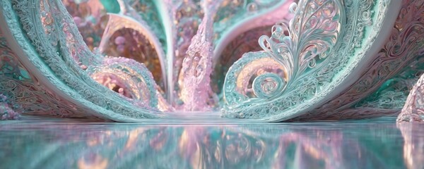 a large, intricate, abstract, pink and blue wallpaper