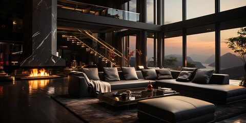 black futuristic interior design, modern luxury living room