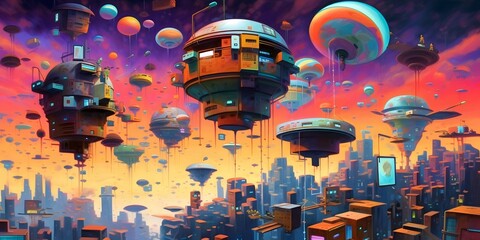 Fantasy alien city with flying saucers - 3D illustration