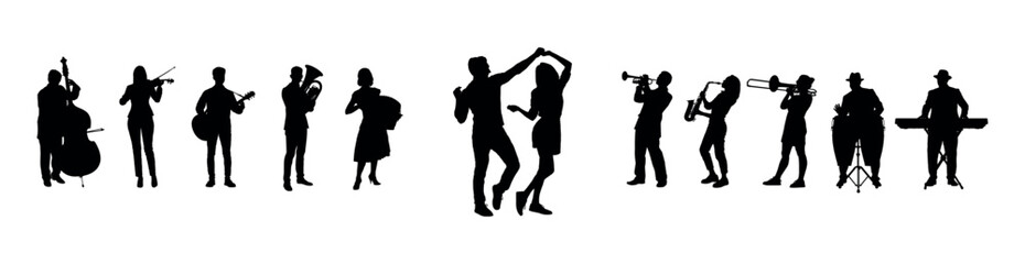 A couple dancing accompanied by music played by a group of musicians vector silhouettes. Couple dancing with street musicians playing music silhouette. - obrazy, fototapety, plakaty