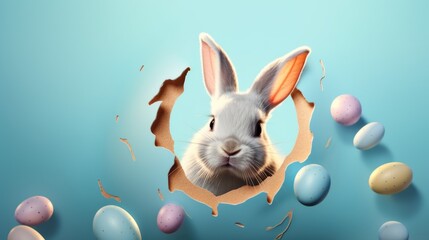 Fototapeta na wymiar A rabbit peeks out of a hole in a wall with easter eggs. Funny surreal Easter background.