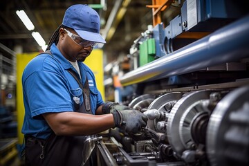 This professional photo captures an Industrial Maintenance Technician in action, conducting preventive maintenance on a conveyor system in a manufacturing plant