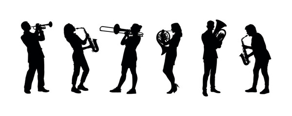 Silhouettes set of group of musicians playing brass instruments flat vector. - obrazy, fototapety, plakaty