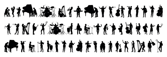Large group silhouettes set of musicians playing instruments vector collection.