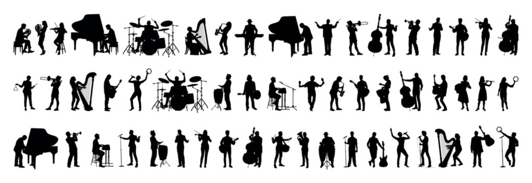 Large group silhouettes set of musicians playing instruments vector collection.