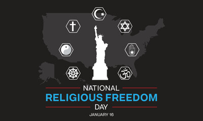 National Religious Freedom Day design. It features Statue of Liberty silhouette and symbol of main religions. Vector illustration.