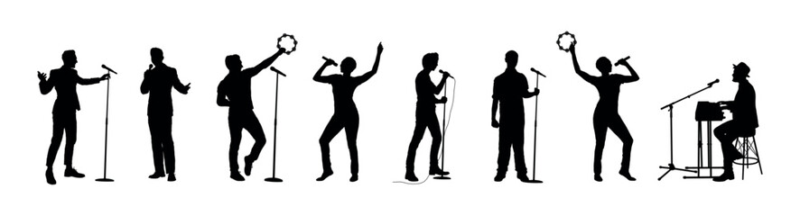 Group of singers with microphone vector black silhouettes. - obrazy, fototapety, plakaty